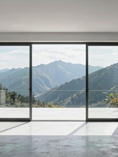 Minimalist interior view looking out through a large sliding glass door system onto a scenic mountain landscape, clean lines, high-end engineering