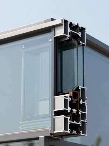 Close-up of a sleek architectural aluminum profile with double glazing glass, bright daylight, sharp reflections, minimalist style