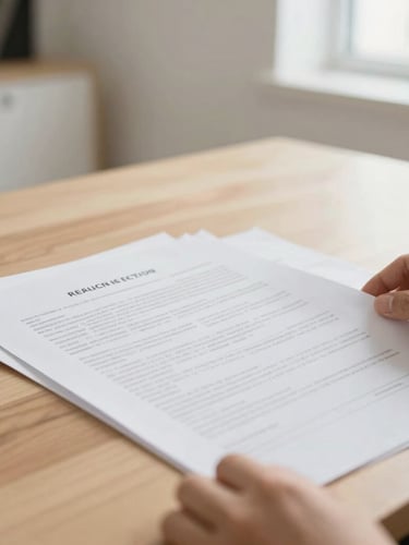 Close-up of hands reviewing neatly organized legal documents on a clean wooden desk, warm soft natural daylight, minimalist aesthetic, 35mm lens