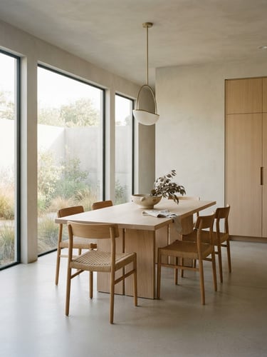 Bright modern architectural photography of a minimalist dining room, soft natural daylight, clean lines, warm desaturated tones