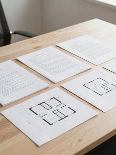 Neatly organized legal documents and floor plans on a clean wooden desk, soft natural daylight, minimalist office setting, 35mm lens