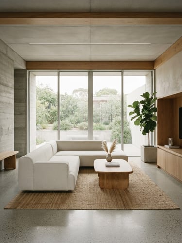 Bright modern architectural living room, soft natural daylight, minimalist concrete and oak wood finishes, straight-on composition, 35mm lens