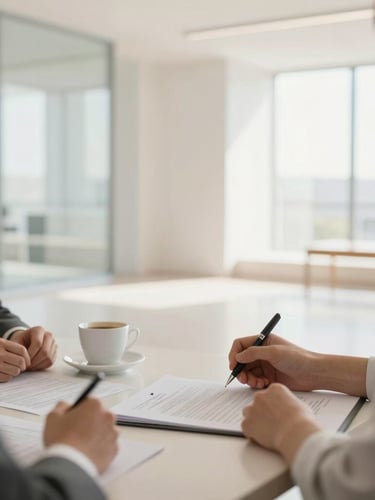 A professional advisory session over coffee in a bright, modern architecturally clean room, close-up of hands holding a pen near documents, soft natural daylight, 35mm lens