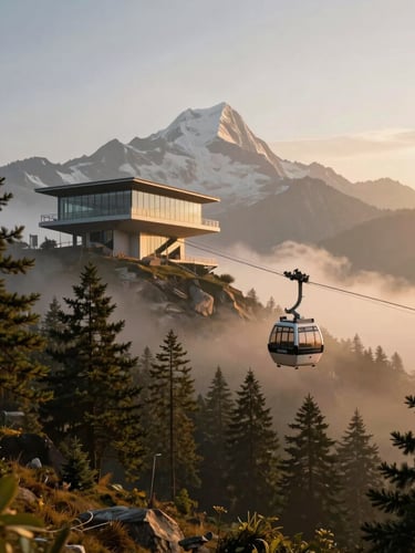 Wide-angle panoramic render of a modern cable car ascending through mist-shrouded Himalayan pine forests towards Phulchoki peak, golden hour light, architectural precision.