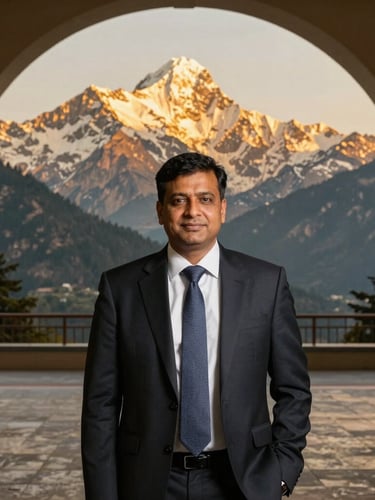 Professional portrait of Mr. Manoj Dahal, a dynamic executive in a formal corporate setting, warm golden-hour light, 35mm editorial photography.
