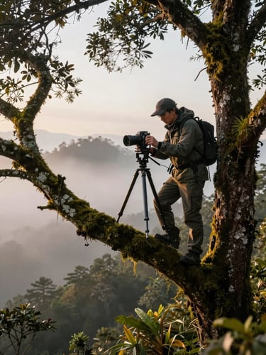 An ornithologist carefully adjusting a camera rig on a mossy tree branch in a misty high-altitude forest, soft natural light, professional editorial framing.