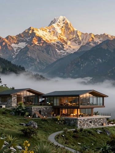 Architectural rendering of a luxury eco-resort nestled in the misty green slopes of Phulchoki Hill, modern glass and local stone architecture, majestic morning light