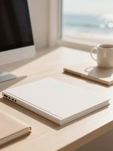 A bright, sunlit minimalist workspace with elegant stationery, warm sandy tones, and soft coastal daylight, shallow depth of field