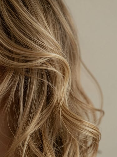 Intimate macro crop of soft, sunlit natural hair texture, focus on the delicate curl pattern and golden undertones, diffused natural daylight, warm minimalist aesthetic.