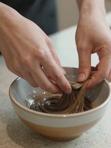Intimate close-up shot of a stylist's hands precisely mixing natural hair color in a ceramic bowl, soft natural light reflecting off a travertine countertop.