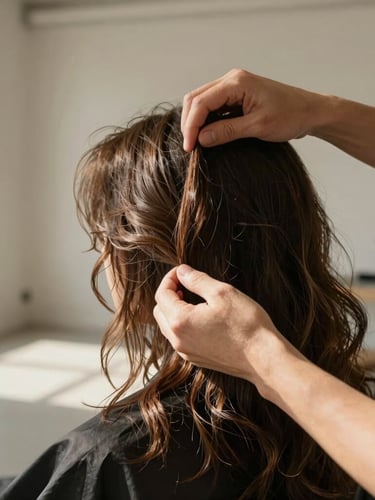 Close-up of a stylist's hands gently parting soft, wavy hair in a sun-drenched minimalist loft space, warm natural light.