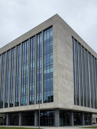Wide environmental architectural shot of a modern concrete and glass corporate headquarters, soft overcast daylight, sharp focus, 35mm