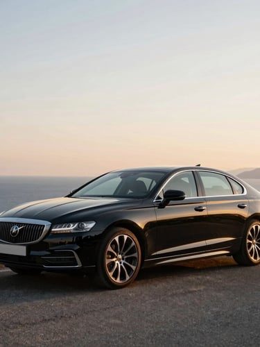Sleek dark executive sedan parked on a quiet Mediterranean coastal overlook at golden hour, warm light reflecting off polished black paint, clean composition with negative space.