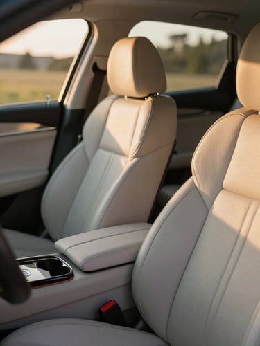 Cinematic close-up of a pristine luxury vehicle interior, focusing on hand-stitched leather seats and a polished console in warm golden hour light.
