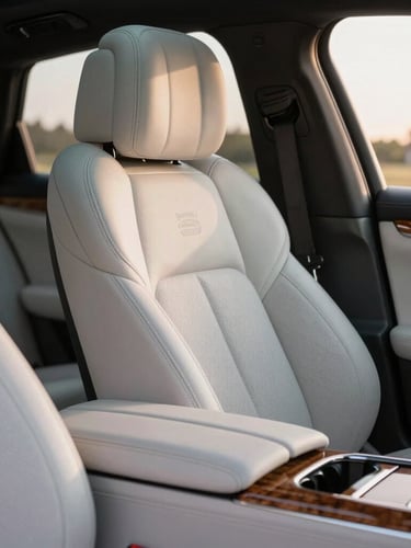Close-up of a luxury vehicle interior, focusing on the pristine hand-stitched leather seats and polished wood console, soft golden hour light filtering through the window