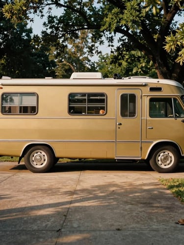 Wide-angle side view of a vintage gold GMC motorhome parked in a leafy, sun-drenched Oklahoma City driveway, warm afternoon shadows stretching across the concrete.