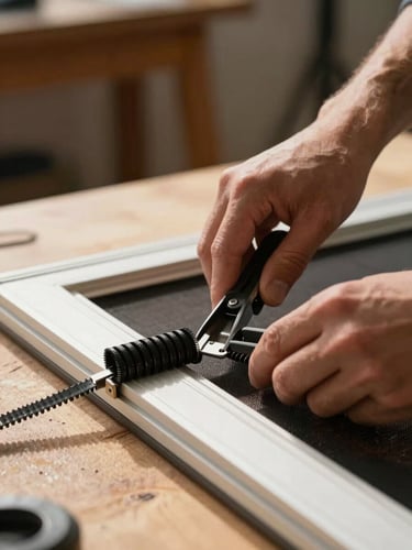 A close-up vertical shot of hands rolling black spline into a window screen frame on a wooden workbench, warm afternoon sunlight, sharp focus on the tool.