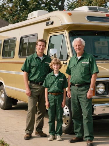 A family team of three in matching clean dark green work shirts standing proudly next to a vintage gold GMC motorhome in a sunny Oklahoma City driveway, warm natural light.