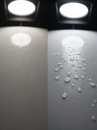 Split-panel macro study of car paint surface under controlled studio light — left half showing uncoated dull paint with micro-scratches visible, right half showing the same panel after ceramic coating with water beads formed perfectly and surface depth visibly deeper, overhead perspective with cold white strobes