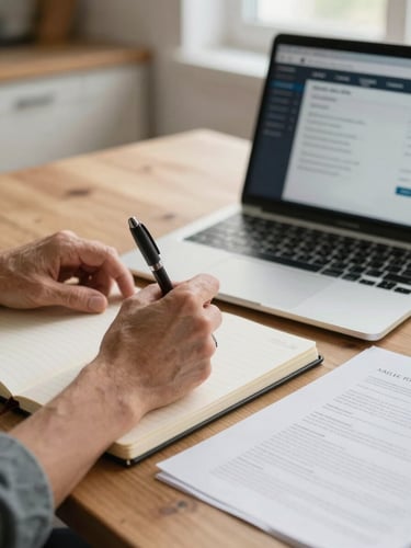 Close-up of a middle-aged person's hands writing in a notebook at a kitchen table, a laptop open beside them showing a brokerage account interface, warm natural window light falling across the desk, pen resting mid-note, papers spread nearby