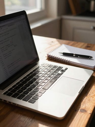 Close-up wide shot of a laptop open on a home kitchen table, warm afternoon window light falling across the keyboard and a spiral notebook beside it, a pen resting on handwritten notes, no person visible — the quiet setup of a remote learning session