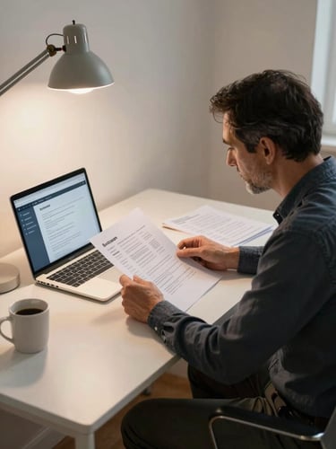 Wide shot of a tidy home-office desk from a slight angle, a professional in their 40s reviewing printed documents beside an open laptop, warm studio lamp light, coffee mug in frame, brokerage app visible on screen, no posed expression — caught mid-work