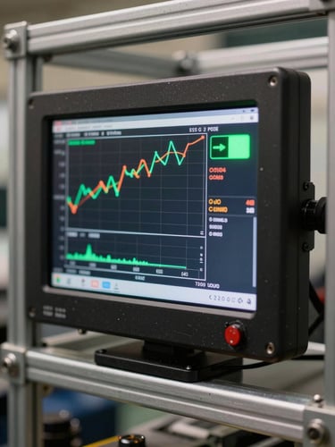 Close-up of a rugged digital control screen mounted on a steel frame, displaying real-time diagnostic graphs and a bright green pass indicator.