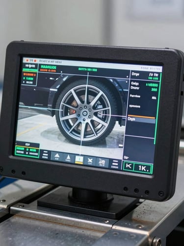 Close-up of a rugged digital diagnostic screen displaying live wheel alignment data, mounted on a solid structural steel chassis with metallic reflections