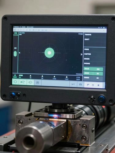 Close-up of a digital diagnostic control screen mounted directly onto a heavy-gauge steel wheel aligner frame, sharp focus on physical welds and screen interface
