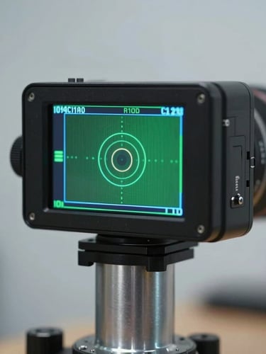 Macro shot of a high-speed digital camera sensor and target tracking system mounted on a heavy-gauge steel column, cool metallic reflections.