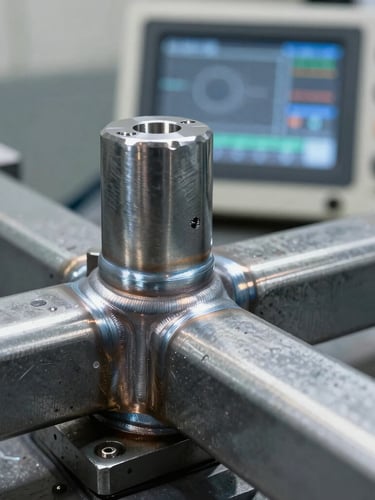 Macro close-up of a heavy-gauge steel joint weld on a wheel aligner frame, cool metallic reflections, a sharp digital control screen visible in soft focus behind it.