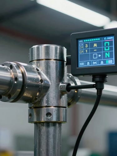 Macro shot of a heavy-gauge steel mechanical joint integrated with a sharp digital control screen, illuminated by cool-toned overhead shop lights.