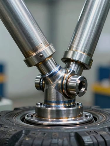 Macro shot of a pneumatic helper arm joint on an industrial tire changer, heavy steel welds visible, sharp metallic reflections, cool industrial lighting.