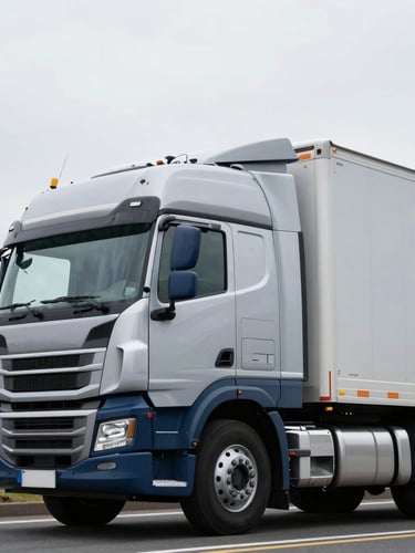 Low-angle dynamic shot of a clean modern corporate transport semi-truck on a highway, bright overcast daylight, cool steel and navy tones, sharp focus, 35mm architectural lens