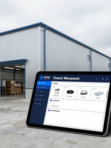 A modern clean warehouse distribution center with a freight management dashboard visible on a tablet in the foreground, bright overcast daylight.