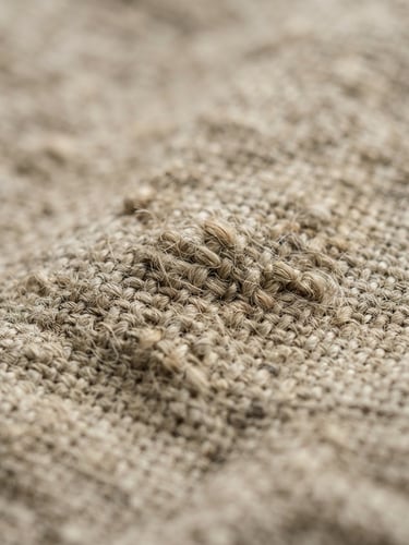 Macro close-up of natural linen fabric weave showing raw flax texture, soft diffused window light, earthy neutral tones, shallow depth of field, 35mm