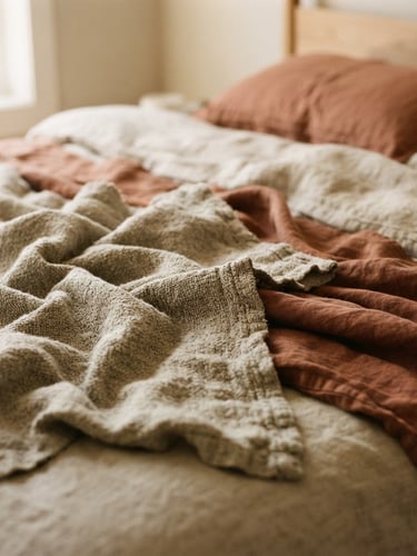 Close-up of a linen-draped bed in soft morning light, showing the heavy-weight texture of oatmeal and terracotta blankets, shallow depth of field, 35mm