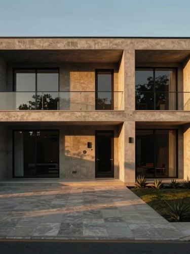 Symmetrical architectural modern concrete villa facade at dusk, long shadows casting across a polished stone driveway, low-sun warm golden hour, cinematic medium format photography.