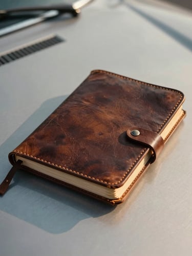 Tactile close-up of a vintage leather-bound logbook resting on a brushed aluminum car hood, warm low-sun casting long shadows, cinematic editorial photography.