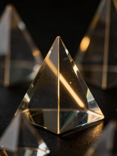Macro close-up of dark glass geometric prisms refracting sharp gold light beams, low-key dramatic studio lighting, dark editorial tech photography
