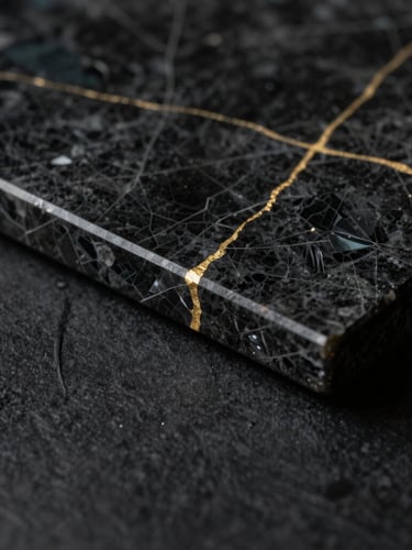 Macro shot of high-end architectural materials, dark obsidian stone with thin gold veins, dramatic directional key light