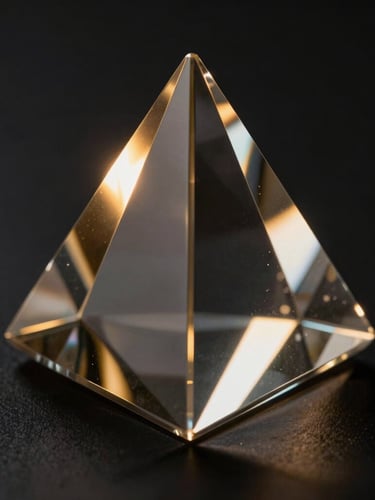 Portrait close-up of light refracting through a flawless dark glass prism, soft gold ambient glow, dark editorial tech photography