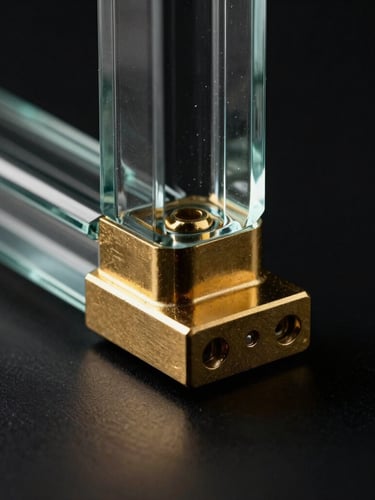 Portrait macro photograph of a heavy gold-tinted structural steel joint, dramatic low-key studio lighting, dark obsidian backdrop, sharp glass textures