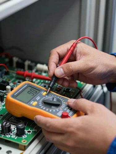 Macro close-up of a technician's hand in a blue uniform using a digital multimeter to test a refrigerator's electronic control board, crisp focused work light.
