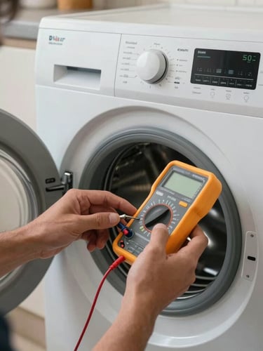Close-up of a technician's hands using a digital multimeter to test the control board of a modern washing machine in a bright Abu Dhabi kitchen.