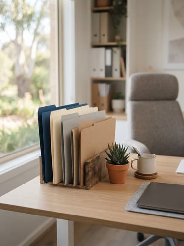 A bright professional Australian home office with organized physical folders on a clean desk, soft natural window light, shallow depth of field.