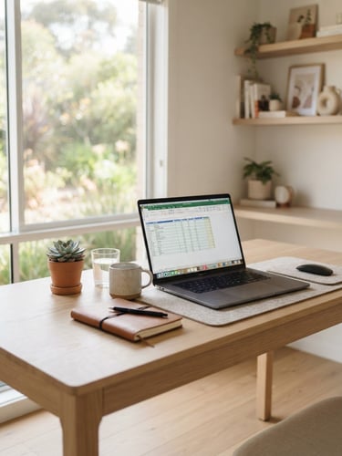 A bright modern Australian home office with soft window light, showcasing an organized desk with a laptop displaying clean administration spreadsheets, shallow depth of field