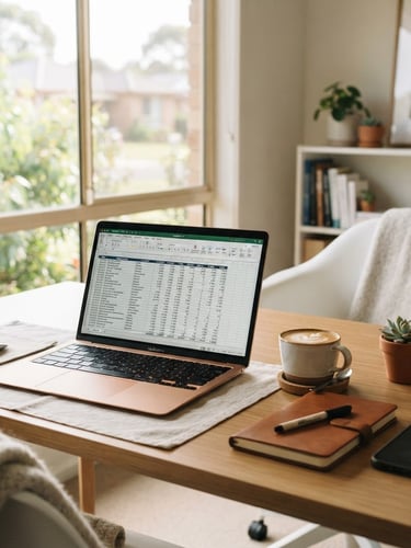 A bright, clean Australian home office desk with a laptop displaying a structured financial spreadsheet under soft natural window light, shallow depth of field.