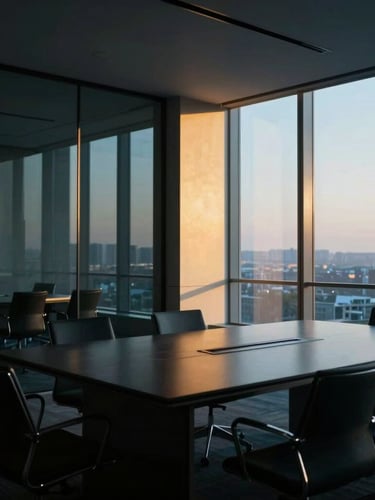 Wide environmental shot of a modern luxury boardroom with glass walls, deep blue shadows, dramatic golden hour light cutting through floor-to-ceiling windows, minimalist and clean