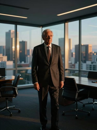 Cinematic low-key lighting of a senior corporate lawyer in a bespoke suit standing in a luxury glass-walled office, Guayaquil skyline in the background, golden-hour highlights, 35mm